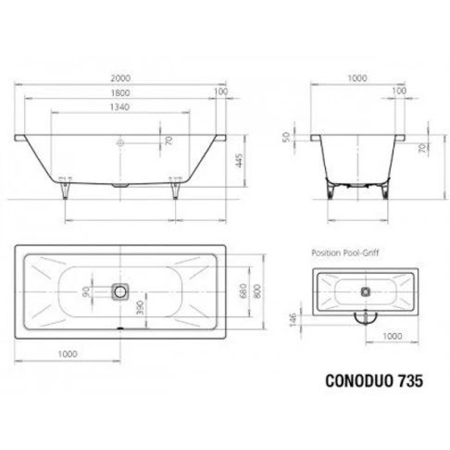 Стальная ванна Kaldewei Conoduo 735 (200x100) 235300013001, с покрытием Easy-Clean