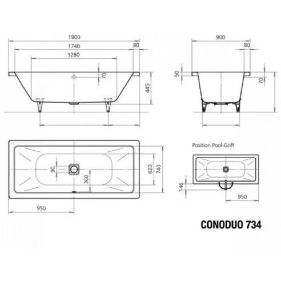 Стальная ванна Kaldewei Conoduo 190x90 easy-clean mod. 734 235200013001