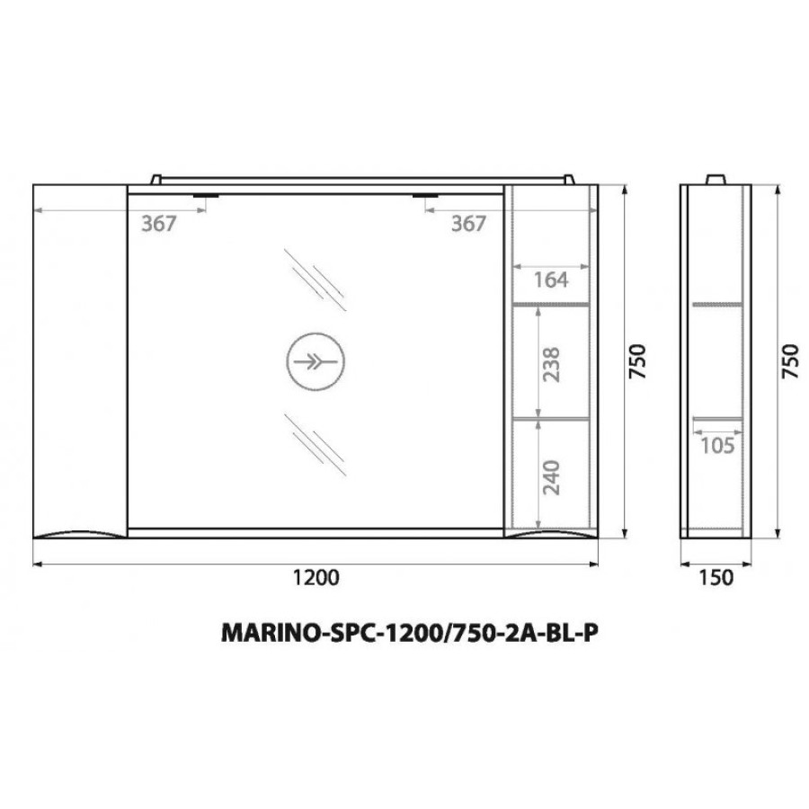 Зеркало-шкаф BelBagno Marino 120 MARINO-SPC-1200/750-2A-BL-P с подсветкой Bianco Lucido