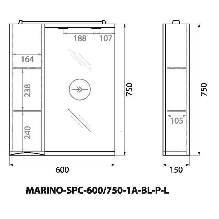 Зеркало-шкаф BelBagno Marino 60 MARINO-SPC-600/750-1A-BL-P-L с подсветкой bianco lucido