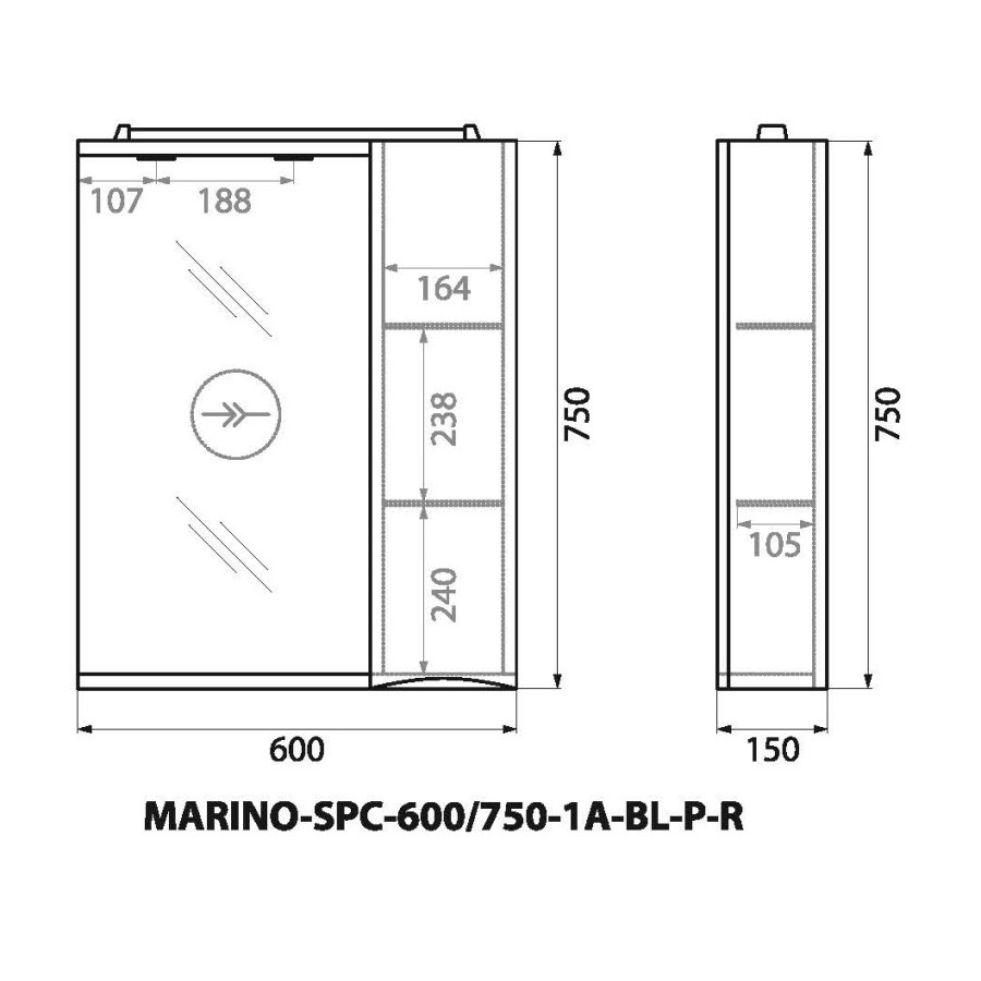 Зеркало-шкаф BelBagno Marino 60 MARINO-SPC-600/750-1A-BL-P-R с подсветкой bianco lucido