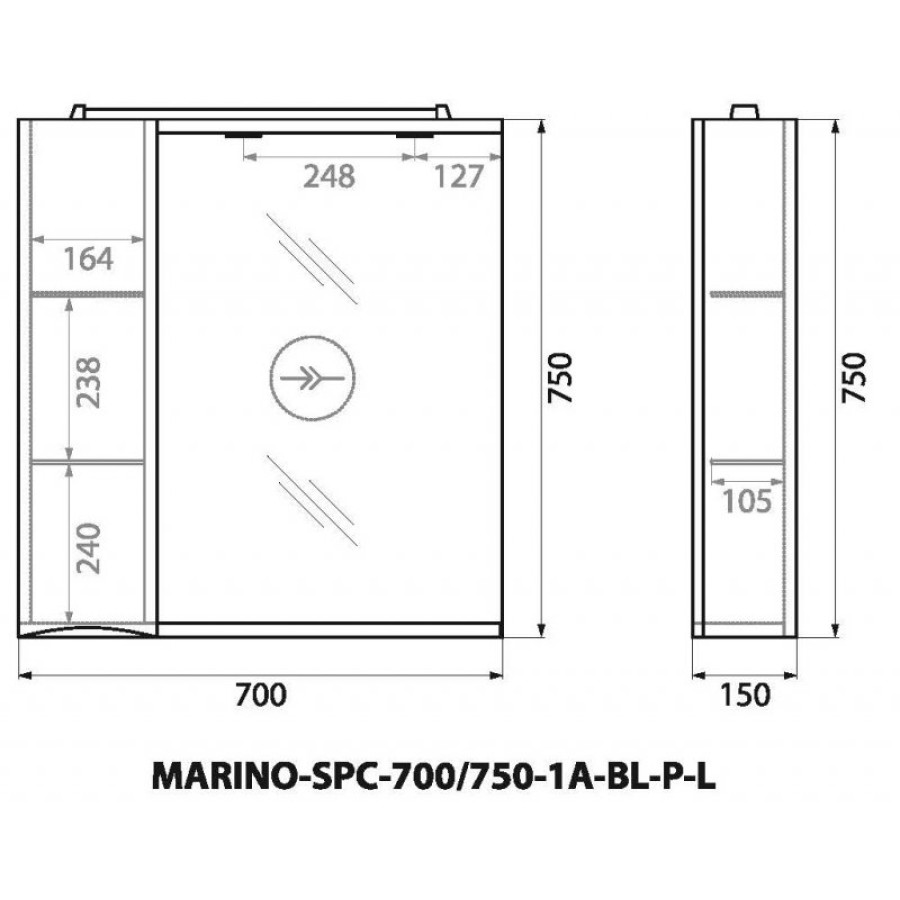 Зеркало-шкаф BelBagno Marino 70 MARINO-SPC-700/750-1A-BL-P-L с подсветкой bianco lucido