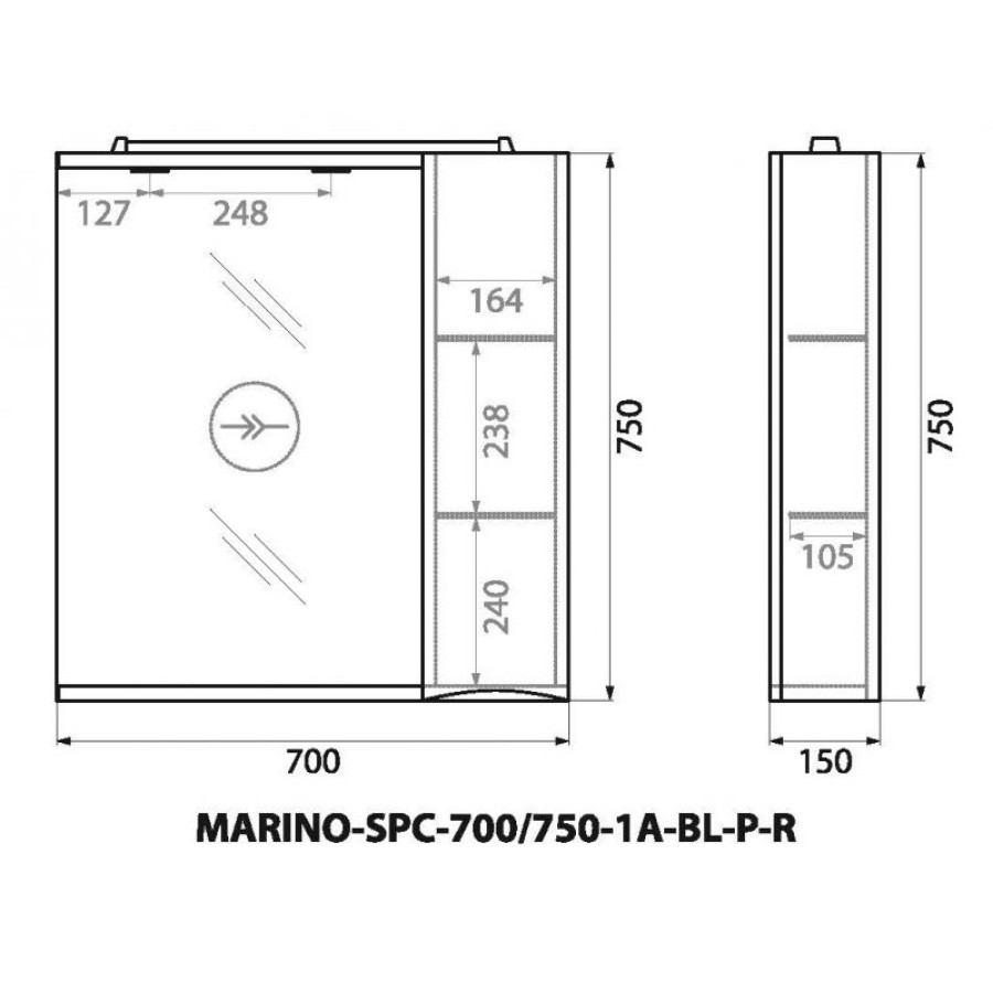 Зеркало-шкаф BelBagno Marino 70 MARINO-SPC-700/750-1A-BL-P-R с подсветкой Bianco Lucido