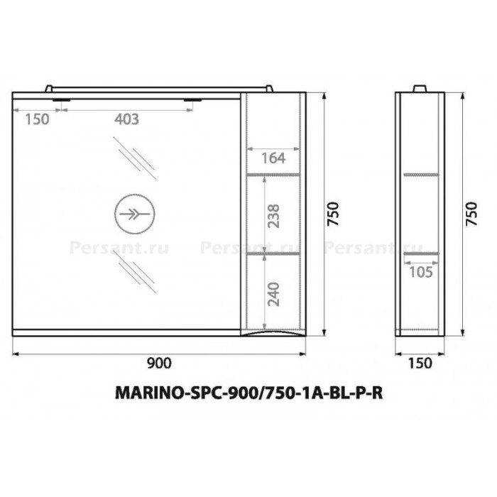 Зеркало-шкаф BelBagno Marino 90 MARINO-SPC-900/750-1A-BL-P-R с подсветкой Bianco Lucido