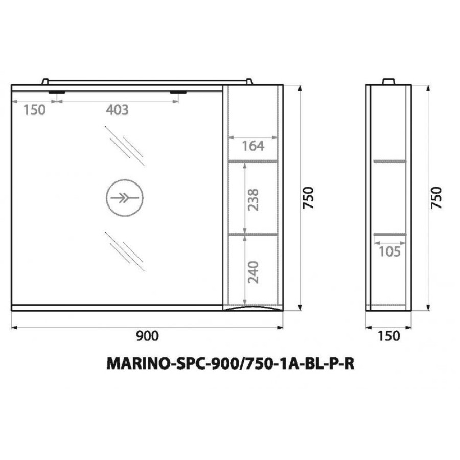 Зеркало-шкаф BelBagno Marino 90 MARINO-SPC-900/750-1A-BL-P-R с подсветкой Bianco Lucido